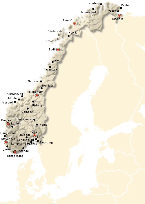 Karte mit den wichtigsten Verkehrsknotenpunkten in Norwegen